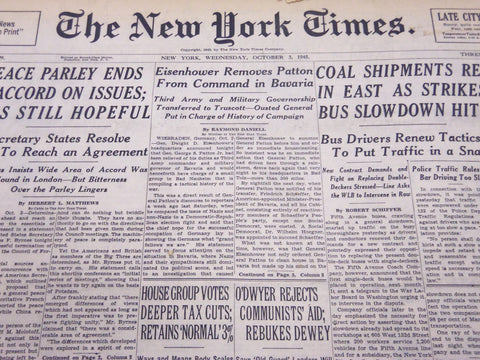 1945 OCT 3 NEW YORK TIMES - EISENHOWER REMOVES PATTON FROM COMMAND - NT 279