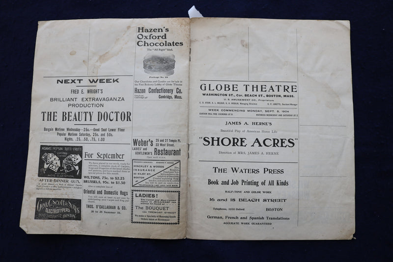 1904 GLOBE THEATRE - SHORE ACRES - PROGRAM - COCA-COLA AD - K 1669