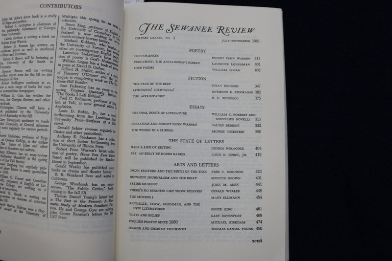 1981 SUMMER THE SEWANEE REVIEW SOFTCOVER BOOK-LOUIS D. RUBIN ESSAY SIGNED- K 737