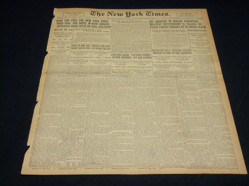 1918 JANUARY 15 NEW YORK TIMES - FOOD AND FUEL FOR NEW YORK FIRST - NT 7924