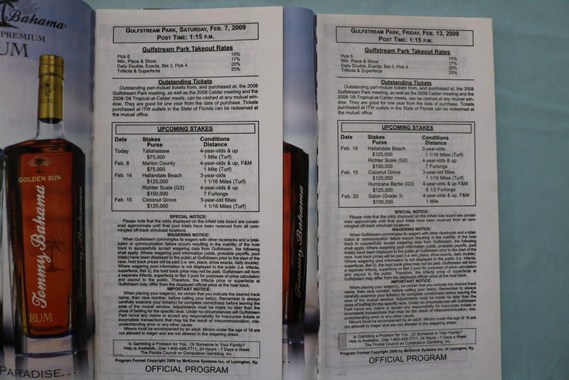 2009 GULF STREAM PARK HORSE RACING PROGRAMS - LOT OF 50 - VARIOUS DATES - O 3955