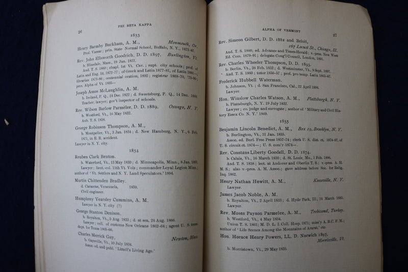 1899 UNIVERSITY OF VERMONT PHI BETA KAPPA 1848-1898 SOFTCOVER BOOK - K 1363