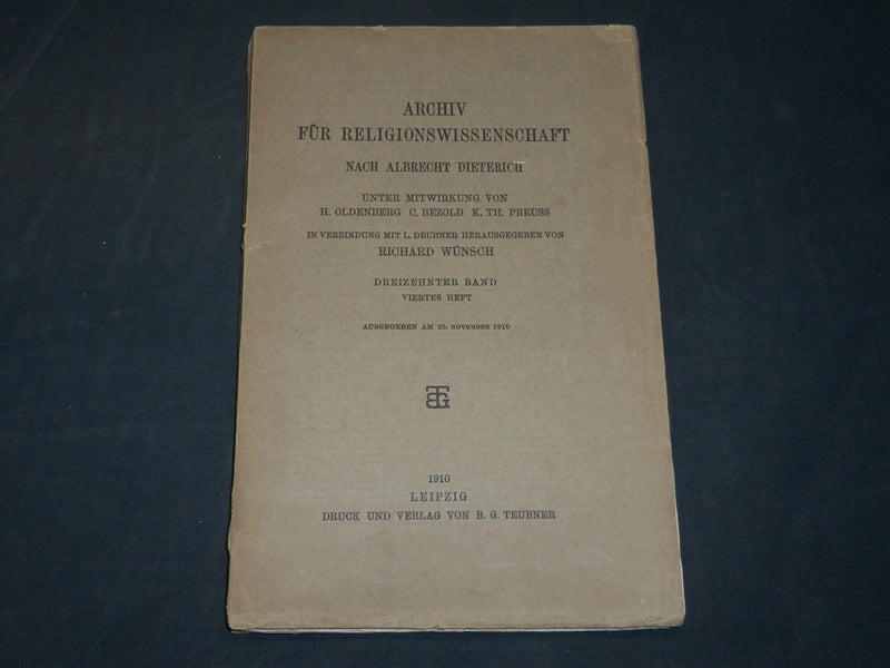 1910 ARCHIV FUR RELIGIONSWISSENSCHAFT GERMAN BOOK - RICHARD WUNSCH - J 5901