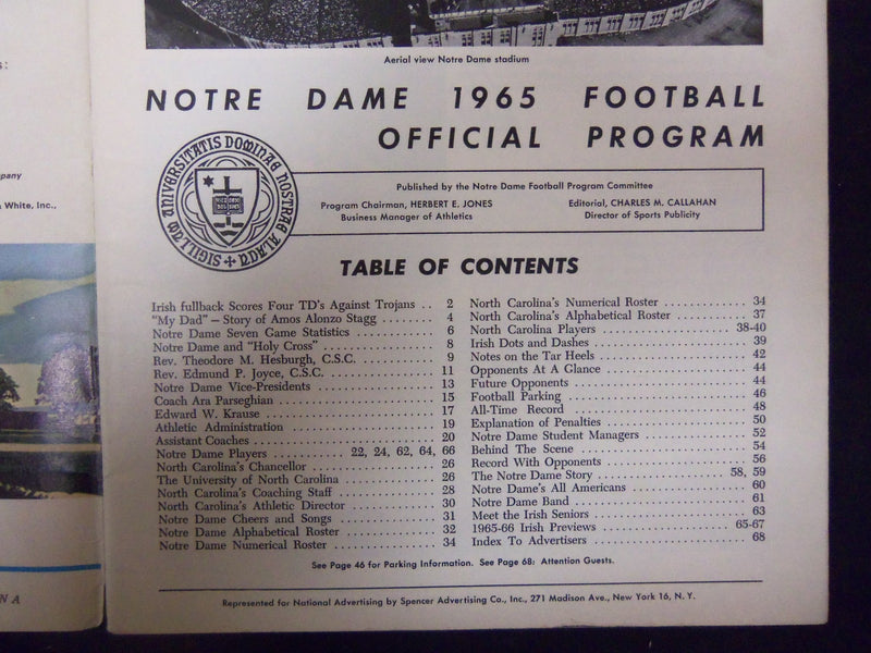 1965 NOVEMBER 13 NORTH CAROLINA VS. NOTRE DAME FOOTBALL PROGRAM - J 2141