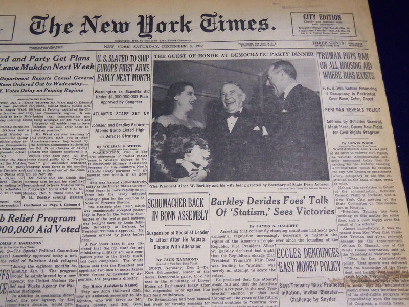 1949 DEC 3 NEW YORK TIMES - TRUMAN BANS HOUSING AID WHERE BIAS EXISTS - NT 2639