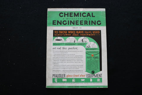 1934 FEBRUARY CHEMICAL ENGINEERING MAGAZINE - PFAUDLER EQUIPMENT COVER - E 10266