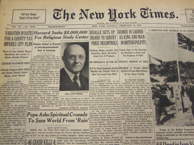 1952 FEBRUARY 11 NEW YORK TIMES - GEORGE VI LAUDED AS KING AND MAN - NT 4497