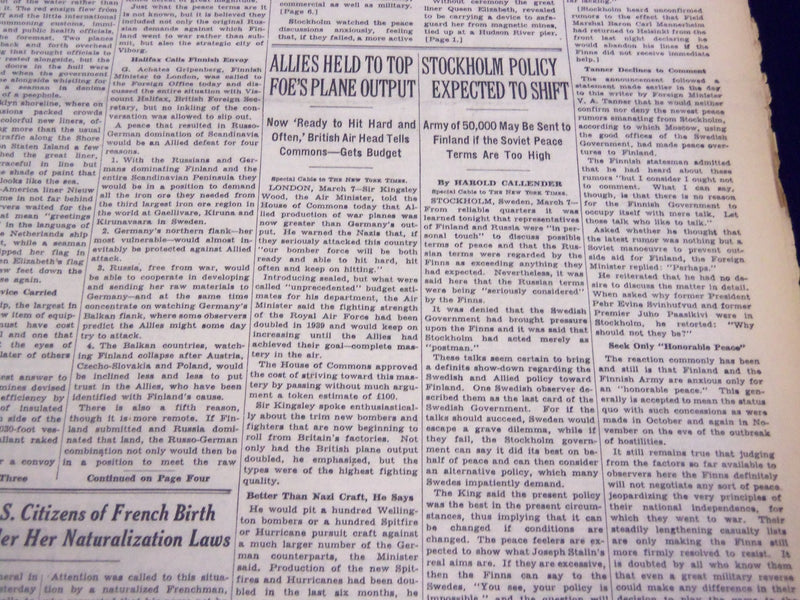1940 MARCH 8 NEW YORK TIMES - ALLIES FEAR BLOW IF HELSINKI YIELDS - NT 2520
