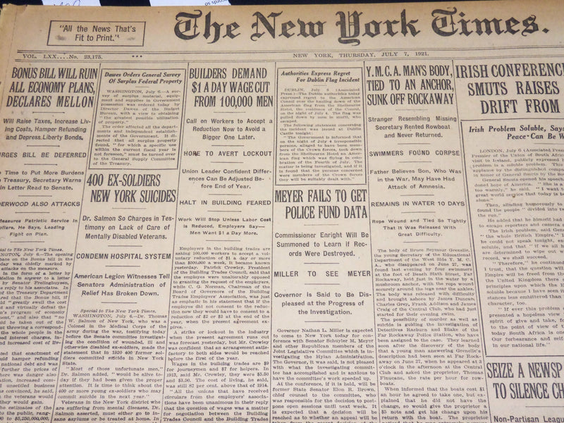 1921 JULY 7 NEW YORK TIMES NEWSPAPER- 400 EX-SOLDIERS NEW YORK SUICIDES- NT 8696
