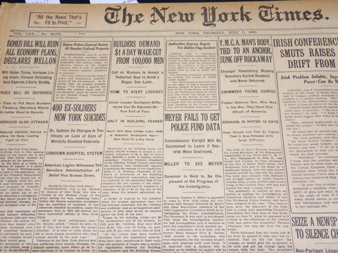 1921 JULY 7 NEW YORK TIMES NEWSPAPER- 400 EX-SOLDIERS NEW YORK SUICIDES- NT 8696