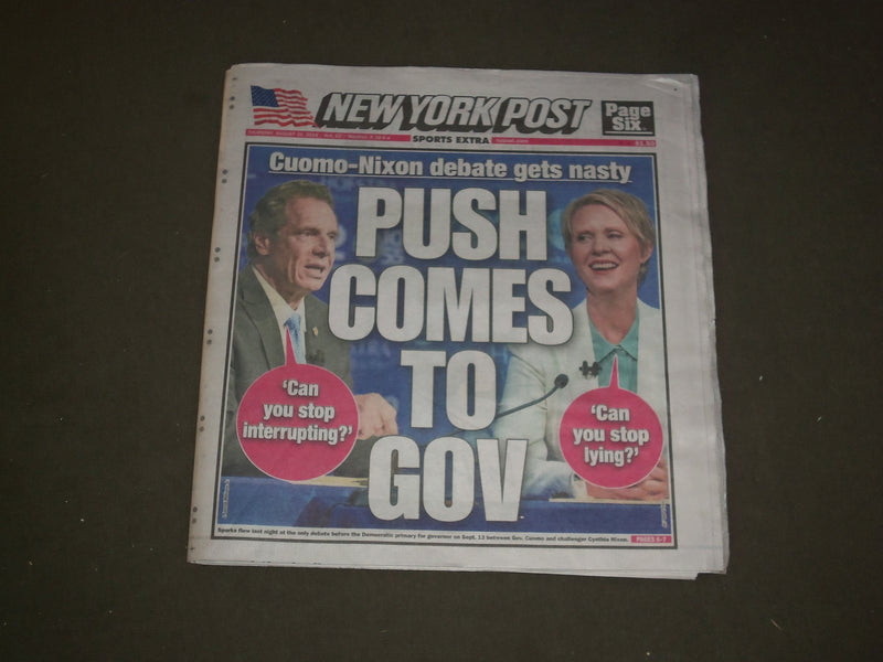 2018 AUGUST 30 NEW YORK POST NEWSPAPER - ANDREW CUOMO - CYNTHIA NIXON - DEBATE