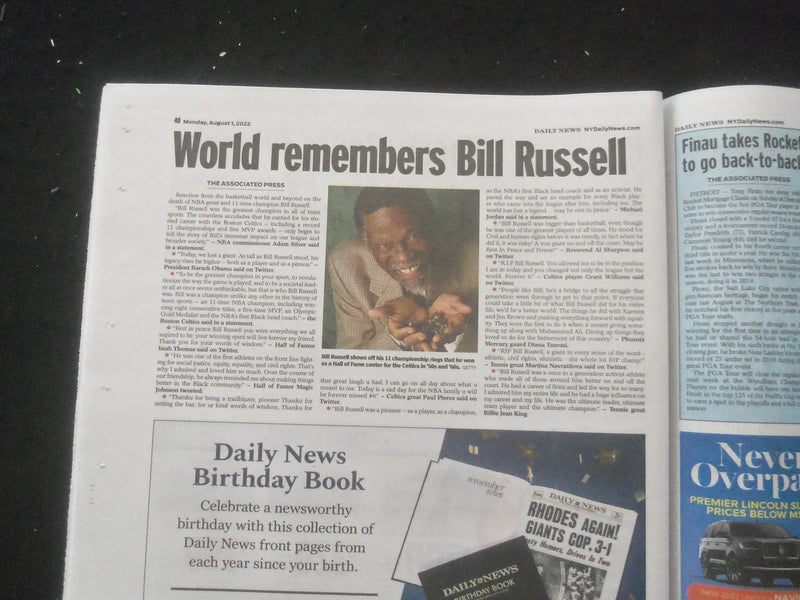 2022 AUGUST 1 NEW YORK DAILY NEWS NEWSPAPER - BILL RUSSELL DIED (1934-2022)