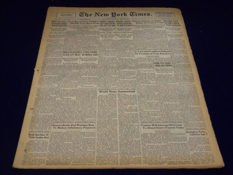 1946 APRIL 25 NEW YORK TIMES - PERON PUTS BANKS UNDER HIS CONTROL - NT 2699