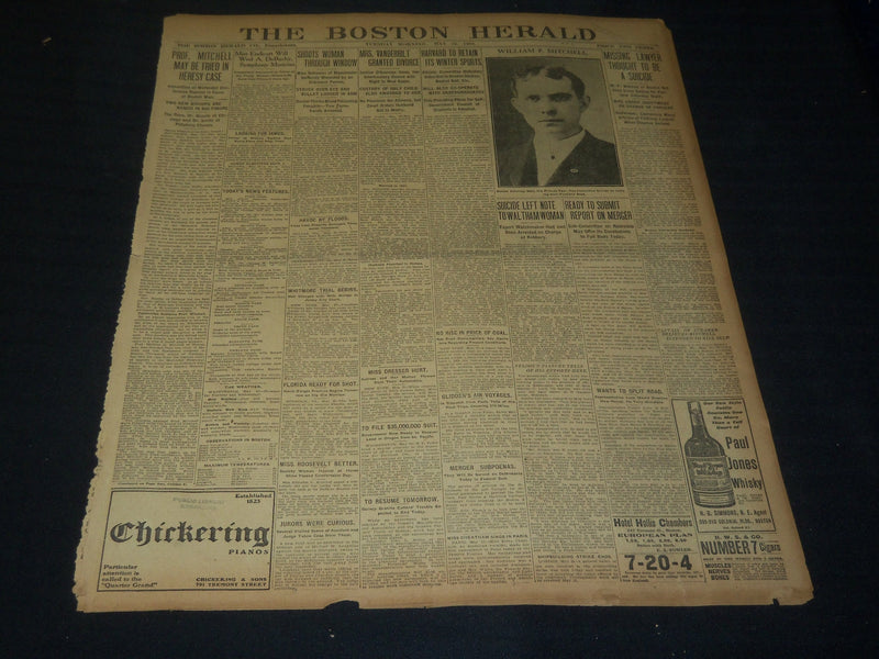 1908 MAY 26 THE BOSTON HERALD - WILLIAM MITCHELL THOUGHT TO BE SUICIDE - BH 74
