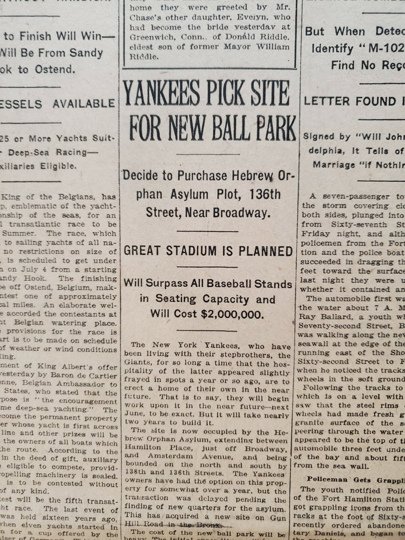 1921 JANUARY 30 NEW YORK TIMES- N.Y. YANKEES PICK SITE FOR NEW BALLPARK- NT 8097