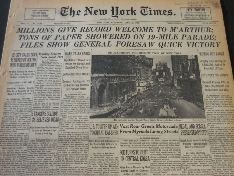 1951 APRIL 21 NEW YORK TIMES - MILLIONS GIVE RECORD WELCOME TO M'ARTHUR- NT 5844