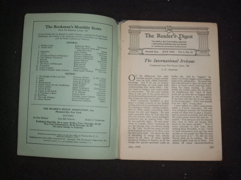 1928 JULY THE READER'S DIGEST SOFTCOVER BOOK - NUMBER 75 - J 9917