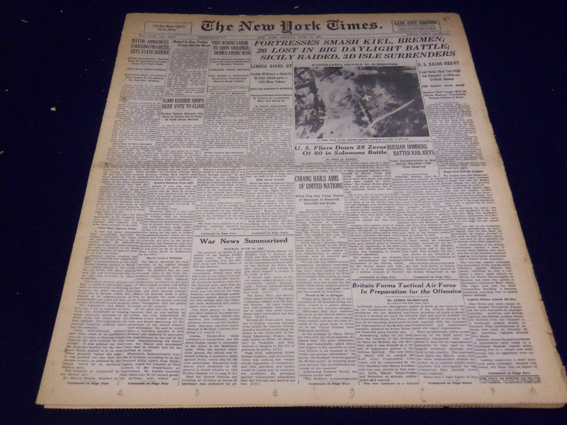 1943 JUNE 14 NEW YORK TIMES - FORTRESSES SMASH KIEL BREMEN - NT 1892