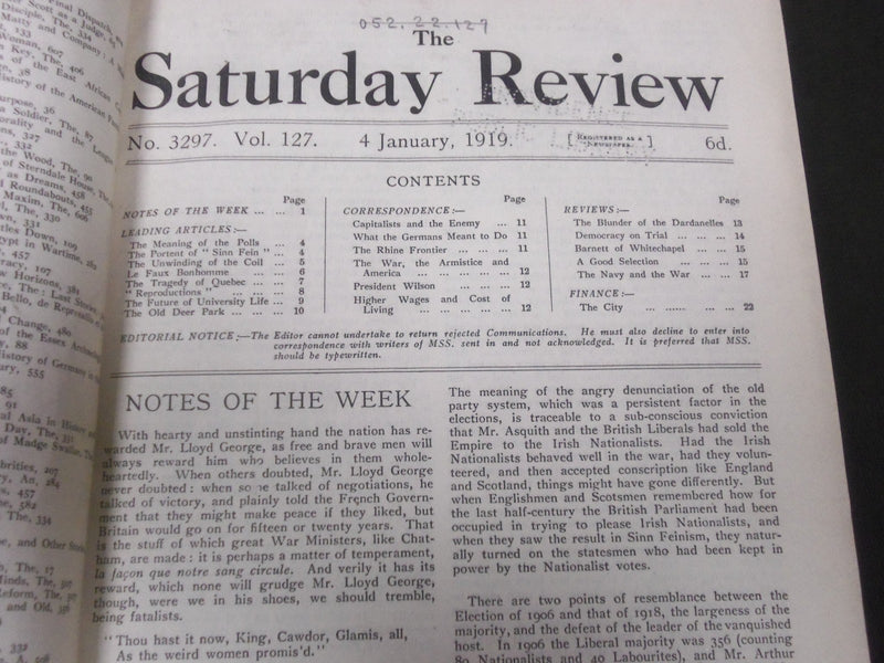 1919 SATURDAY REVIEW 2 BOUND VOLUMES - COMPLETE YR- PUBLISHED IN LONDON - R 1124
