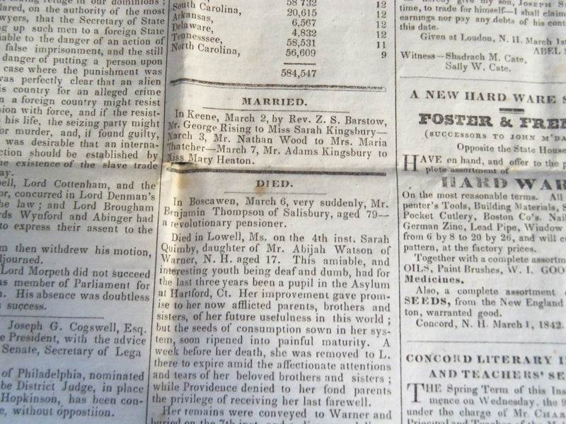 1842 MARCH 18 CONGREGATIONAL JOURNAL NEWSPAPER - CONCORD NEW HAMPSHIRE - NP 614J