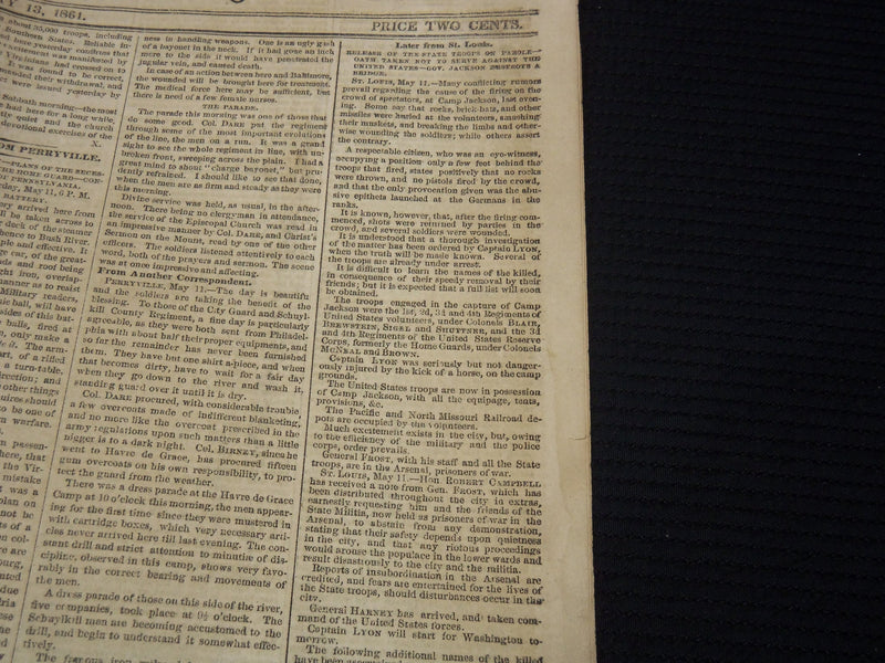 1861 MAY 13 PHILADELPHIA INQUIRER NEWSPAPER - ST. LOUIS RIOT - NP 8997
