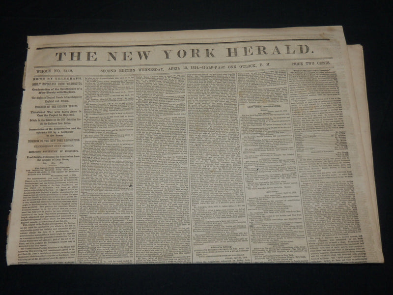 1854 APRIL 12 NEW YORK HERALD NEWSPAPER - THE TEMPEST - LEGISLATURE - NP 4891