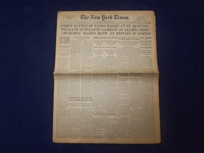 1940 MAY 20 NEW YORK TIMES - CHURCHILL WARNS BLOW AT BRITAIN IS COMING - NP 6493