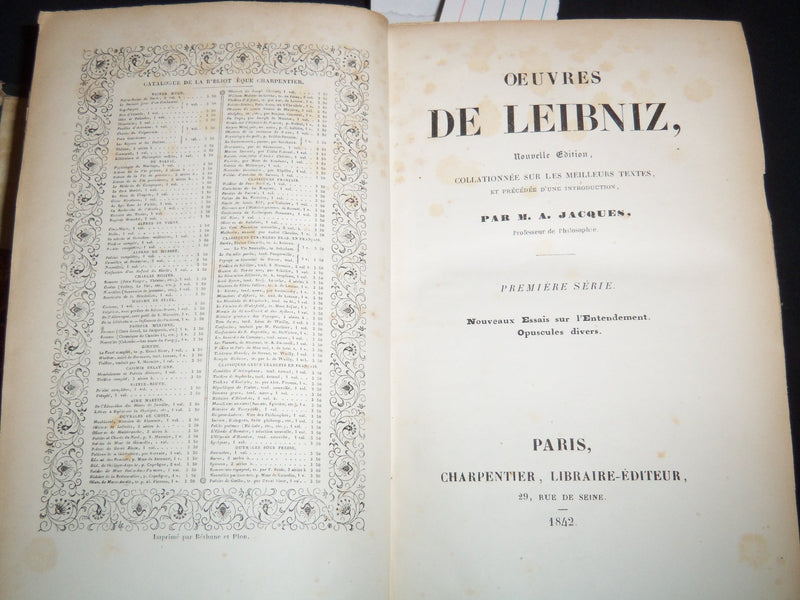 1842 OEUVRES DE LEIBNIZ FRENCH VOLUME BY M. A. JACQUES - PART 1 & 2 - KD 4815H