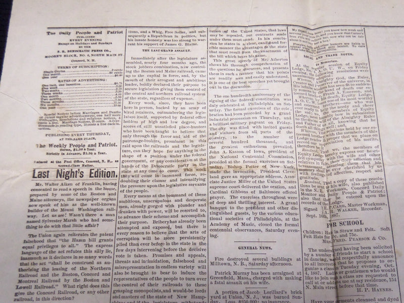 1887 SEPTEMBER 20 DAILY PEOPLE AND PATRIOT NEWSPAPER - CONCORD, NH - NP 3878R