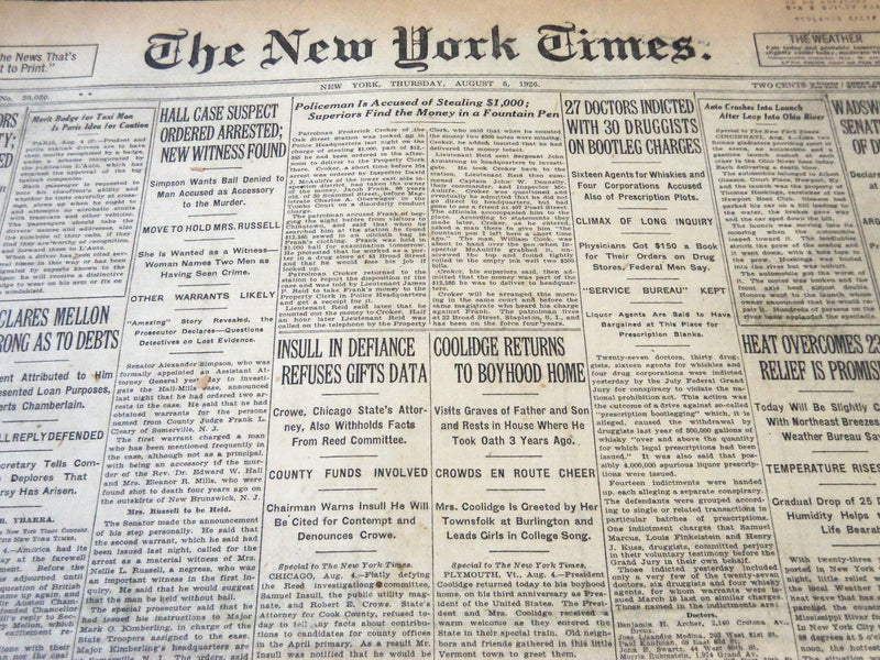 1926 AUGUST 5 NEW YORK TIMES - COOLIDGE RETURNS TO BOYHOOD HOME - NT 5569