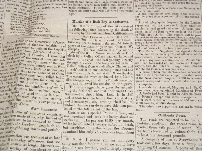 1852 DECEMBER 23 DEMOCRATIC ADVOCATE NEWSPAPER - PRES. PIERCE - MAINE - NP 2152K