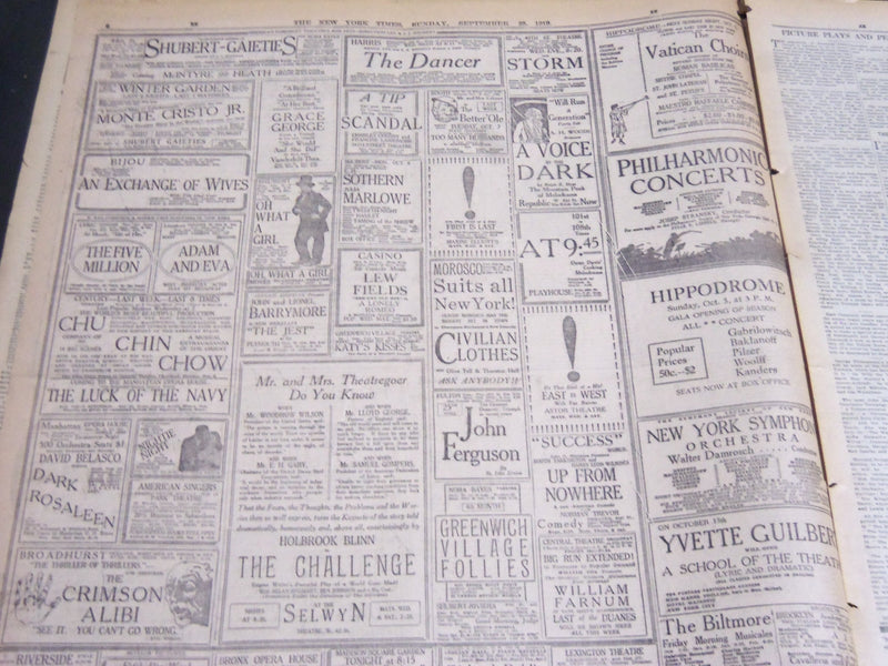 1919 SEPT 28 NY TIMES DRAMA SECTION - CHANCES OF PEACE TREATY SENATE - NT 7099