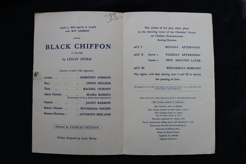 1949 BLACK CHIFFON PROGRAM - WESTMINSTER THEATRE - FLORA ROBSON - K 1845