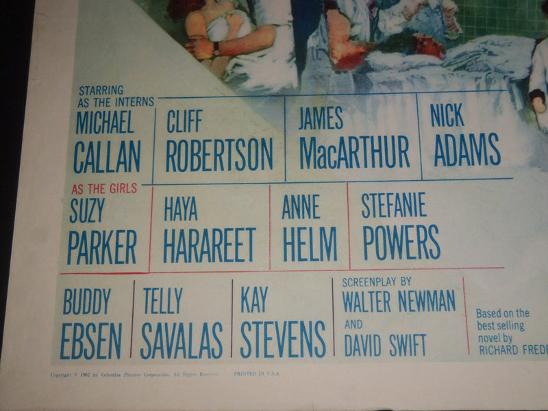 1962 THE INTERNS 1/2 SHEET MOVIE POSTER- CLIFF ROBERTSON, JAMES MACARTHUR- P 418