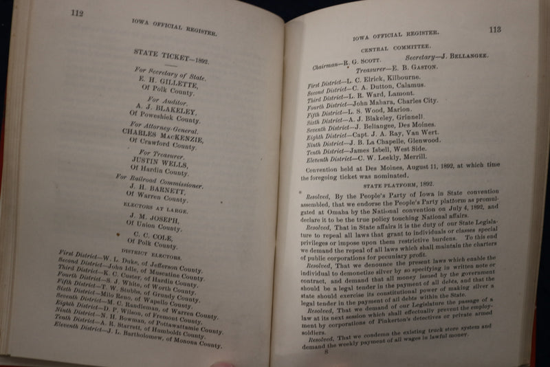 1893 IOWA OFFICIAL REGISTER - HARDCOVER BOOK - K 1768