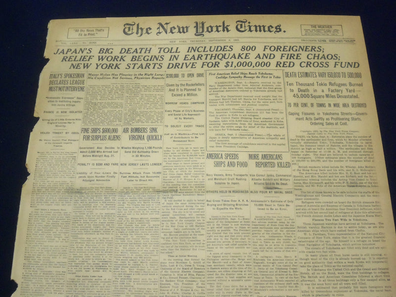 1923 SEP 6 NEW YORK TIMES - JAPAN DEATH TOLL INCLUDES 800 FOREIGNERS - NT 9350