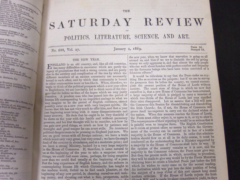 1869 JANUARY-JUNE SATURDAY REVIEW BOUND VOLUME - PUBLISHED IN LONDON - R 1142