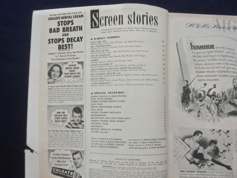 1952 AUGUST SCREEN STORIES MAGAZINE - BING CROSBY & JANE WYMAN COVER - SP 4780P