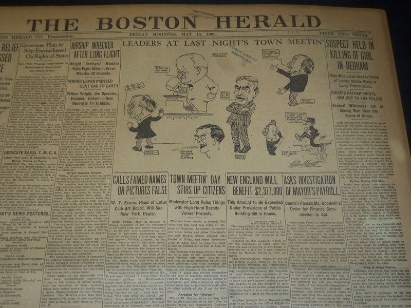 1908 MAY 15 THE BOSTON HERALD - WRIGHT BROS. MACHINE SAILS 8 MI IN 7 MIN - BH 68
