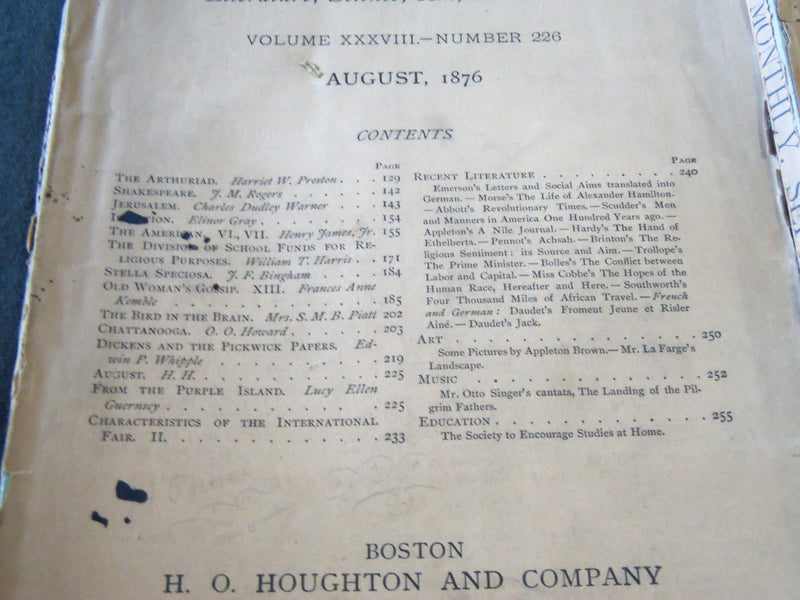 1876 THE ATLANTIC MONTHLY MAGAZINE LOT OF 9 - O. W. HOLMES - JEWETT - WR 308