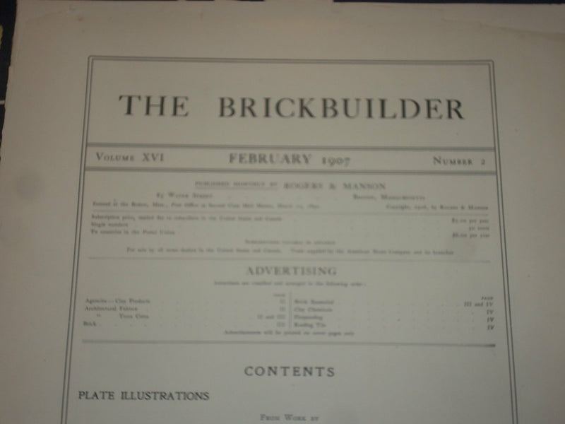 1907 FEBRUARY THE BRICKBUILDER MAGAZINE - AN ARCHITECTURAL MONTHLY - ST 528P