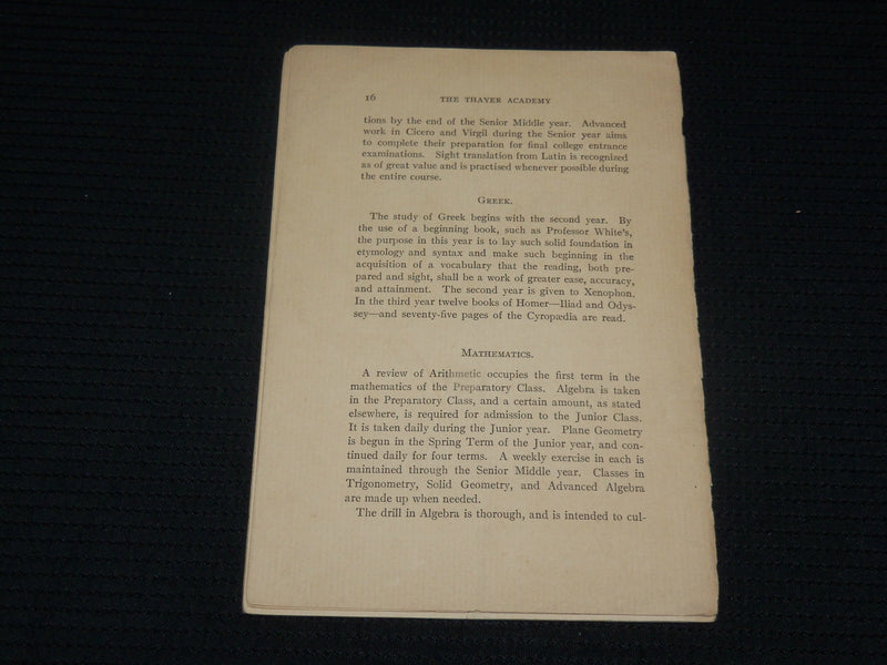 1911 THE THAYER ACADEMY 34TH YEAR CATALOGUE - BRAINTREE MASSACHUSETTS - J 7094