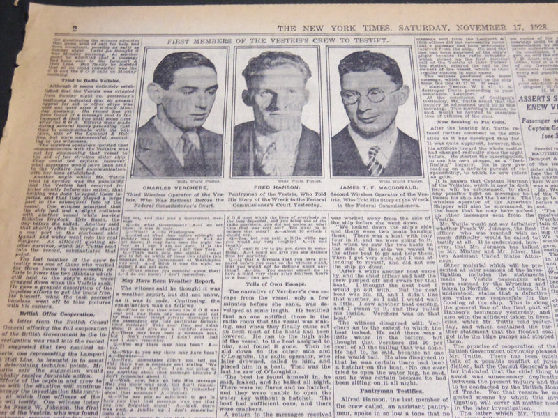 1928 NOVEMBER 17 NEW YORK TIMES - VESTRIS MEN FAIL TO EXPLAIN SOS DELAY- NT 6932