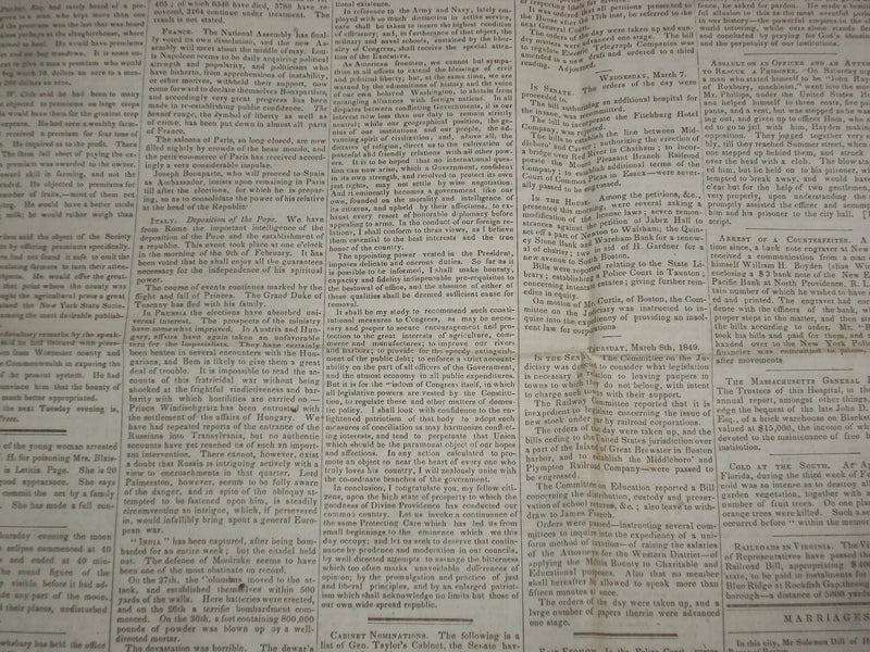 1849 MAR 10 MASSACHUSETTS PLOUGHMAN NEWSPAPER- TAYLOR INAUGURAL ADDRESS- NP 5162