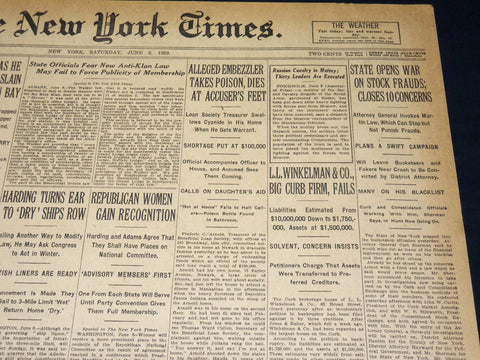 1923 JUNE 9 NEW YORK TIMES NEWSPAPER - L. L. WINKELMAN & CO. FAIL - NT 8661