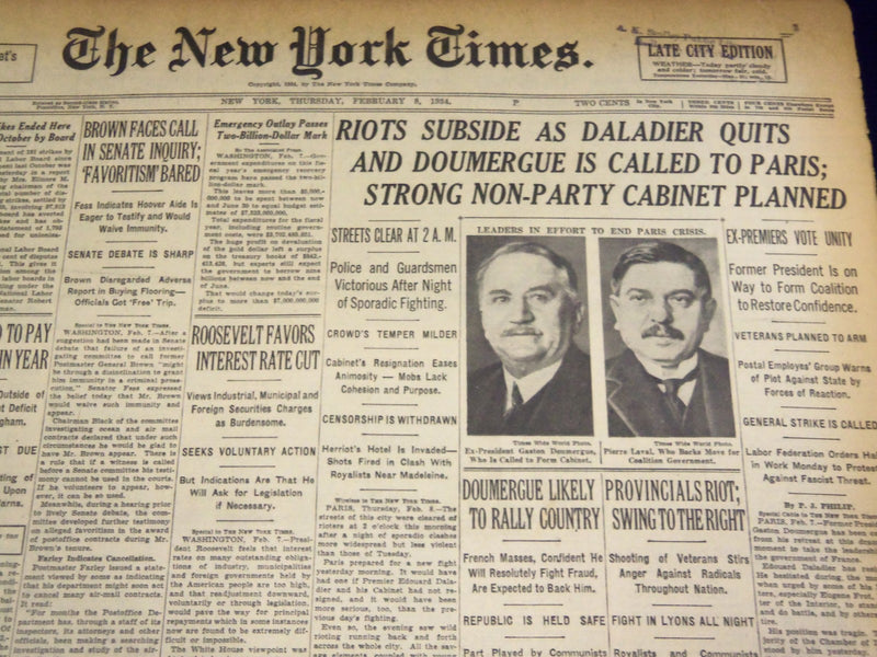 1934 FEBRUARY 8 NEW YORK TIMES - RIOTS SUBSIDE AS DALADIER QUITS - NT 1626