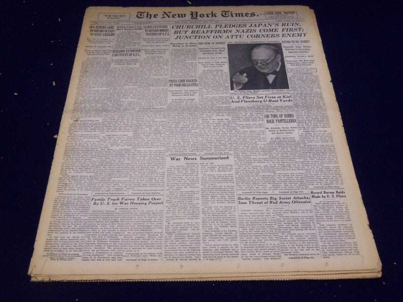 1943 MAY 20 NEW YORK TIMES CHURCHILL PLEDGES JAPAN'S RUIN, NAZIS FIRST - NT 1913