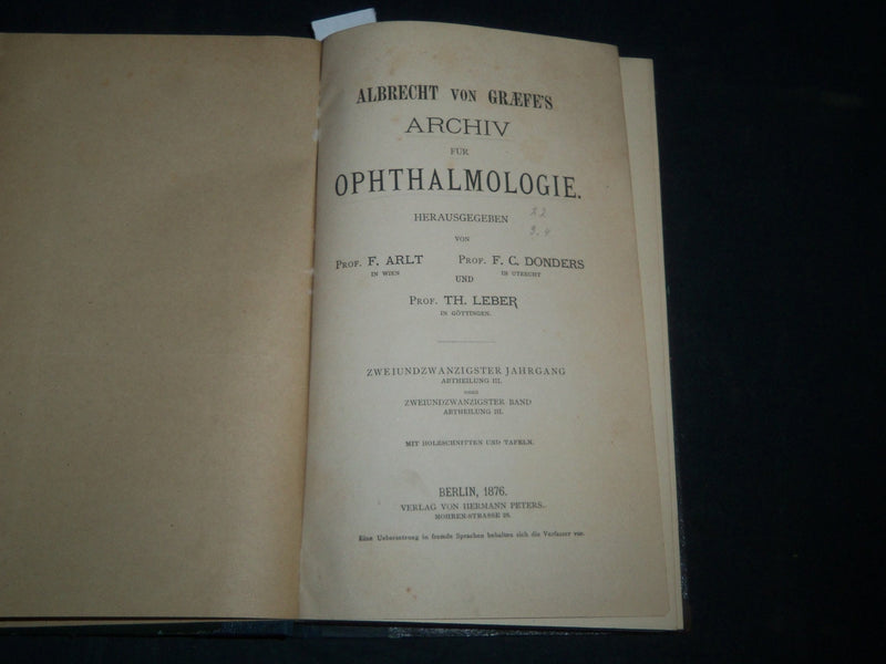 1864-1876 ARCHIV FUR OPHTHALMOLOGIE BOUND VOLUME LOT OF 11 - GERMAN - R 953