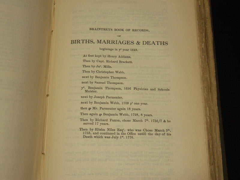 1886 TOWN OF BRAINTREE RECORDS 1640-1793 BOOK EDITED BY SAMUEL BATES - KD 703V