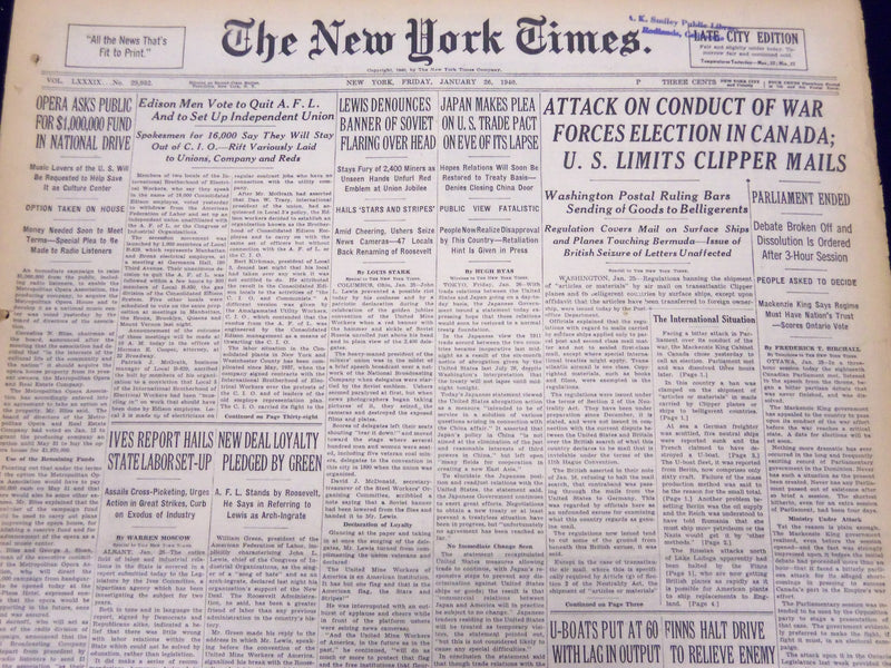 1940 JAN 26 NEW YORK TIMES NEWSPAPER - ATTACK ON CONDUCT OF WAR IN CANADA- NT 38